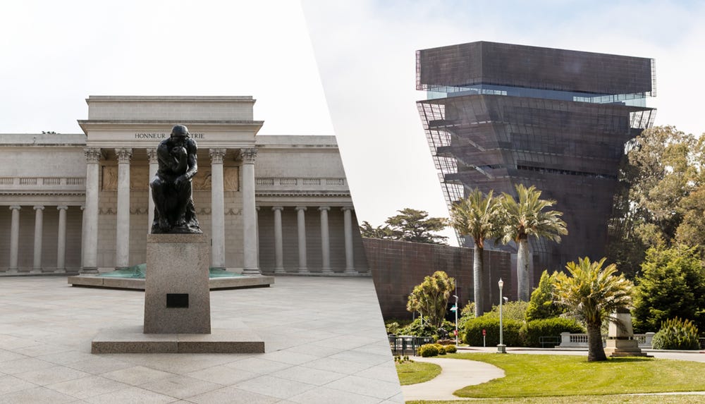Photographs of the exteriors of the Legion of Honor and de Young museums