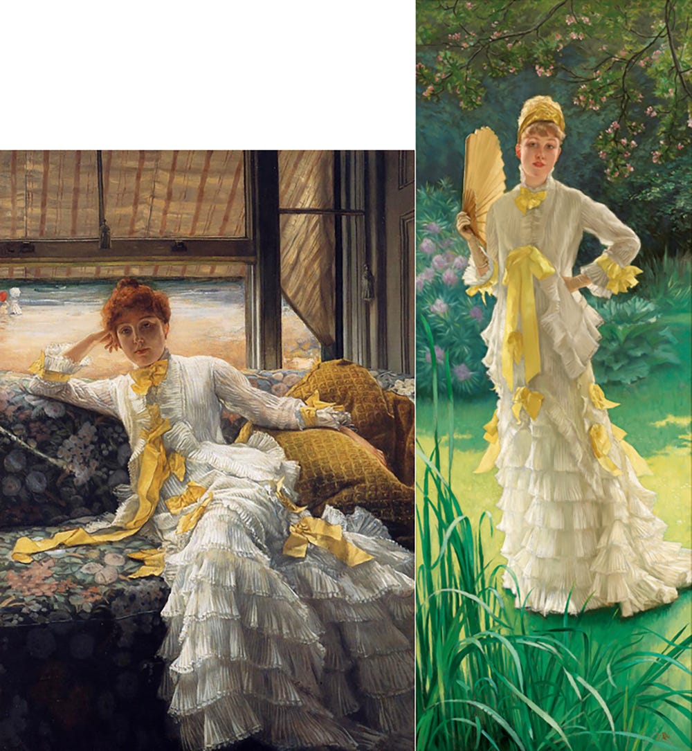 Two paintings of women wearing the same white ruffled dress with yellow ribbon