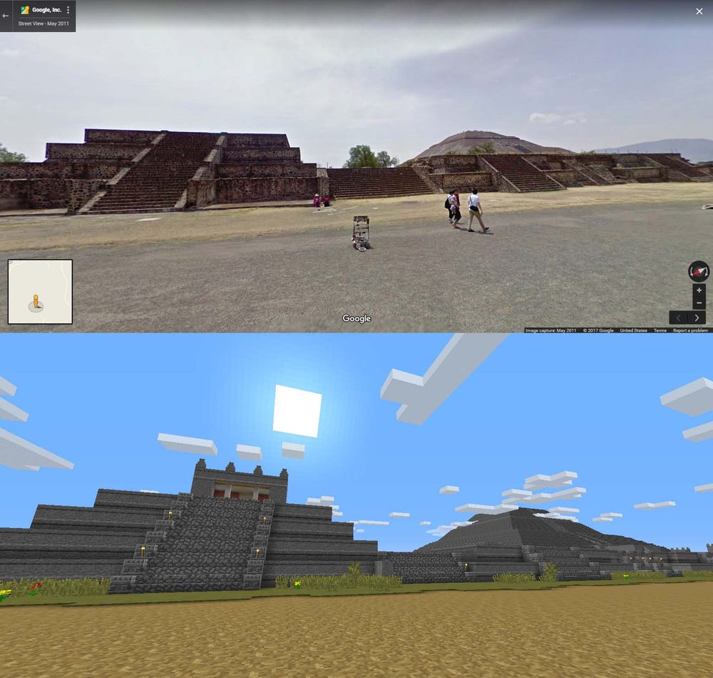 Teotihuacan in Google Street View (top) and Minecraft (bottom)