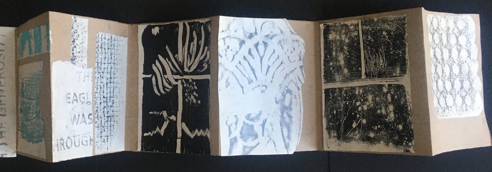 Accordion-style book containing black and white prints