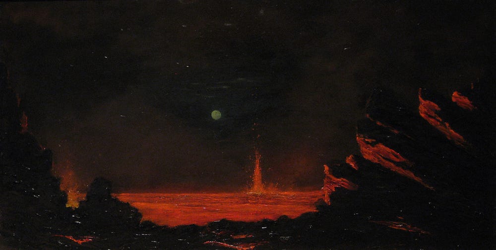 Volcano painted in dark hues with hot red lava