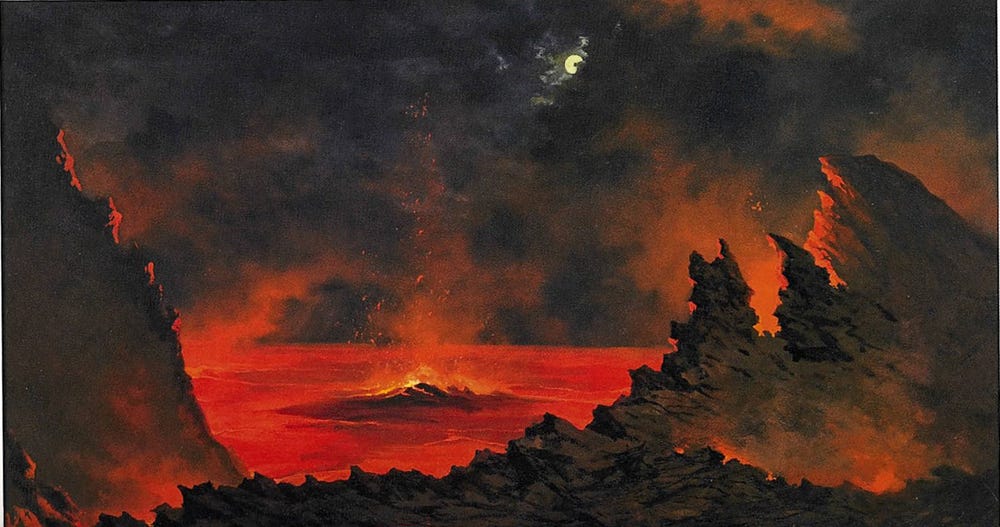 Volcano painted in dark hues with hot red lava