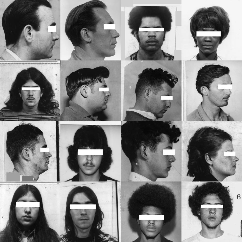 mugshots with eyes covered with white bar