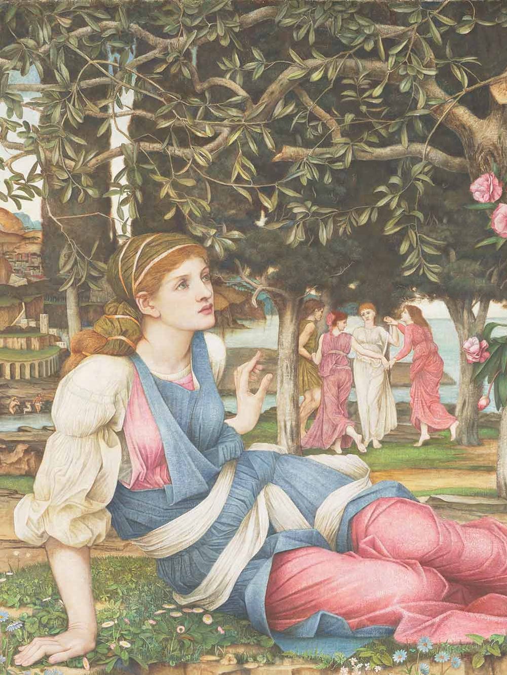 Painting of maiden and Cupid in green, blue, and pink pastel colors