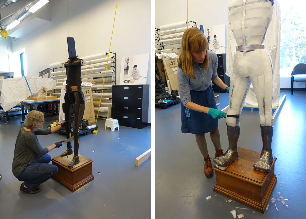 Left: Head of objects conservation Jane Williams carves down the wood support in areas that rub against the armor; right: Colleen O’Shea, Mellon Fellow in Objects Conservation, contours foam to fit and support the leg armor.