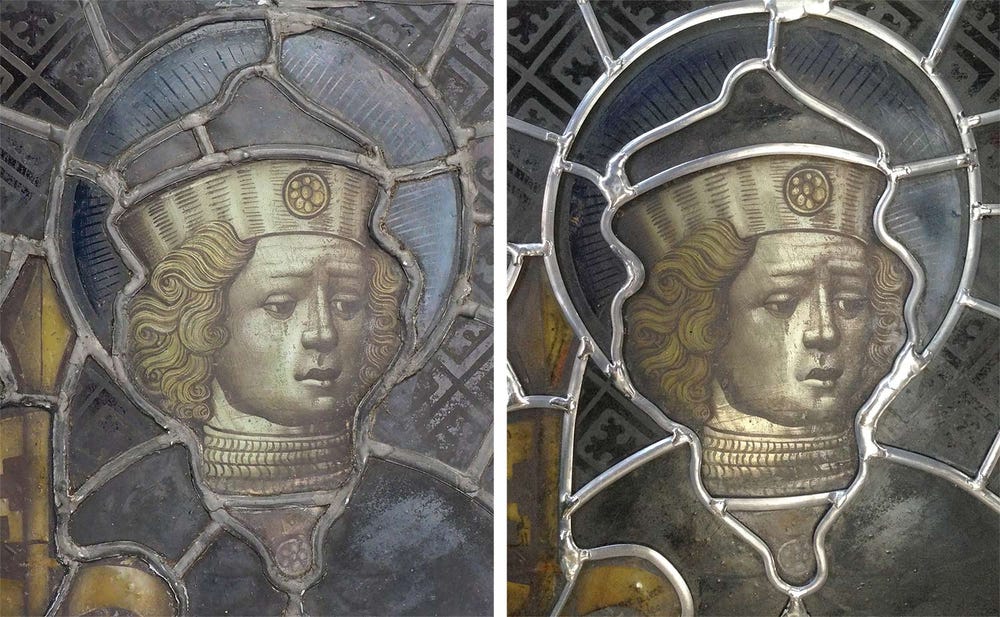 Detail of Saint Gereon panel before treatment (left) and after treatment (right).