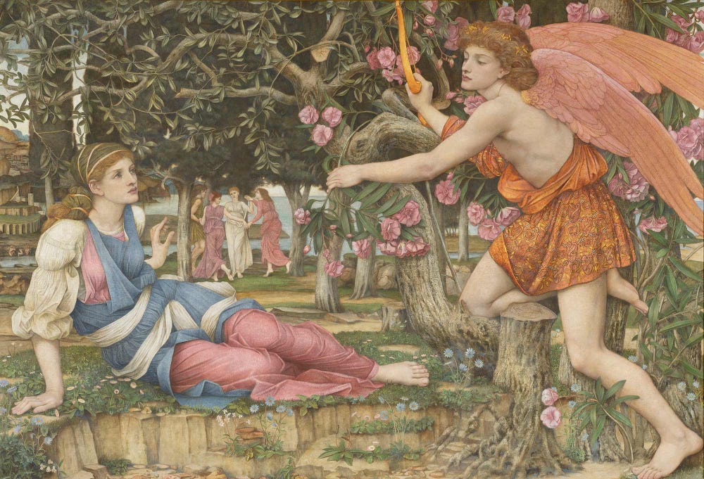 A cupid figure reaches out to a lady