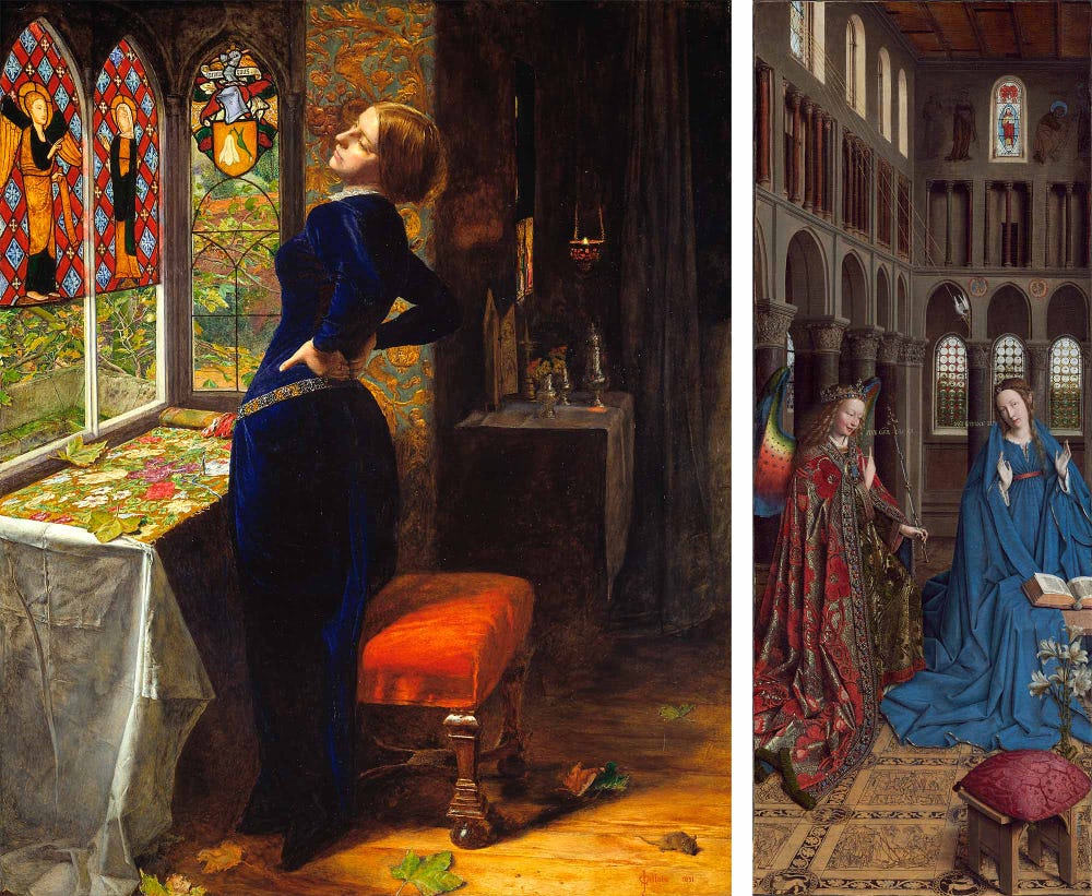left: a woman stretching her back in front of stained glass windows; right: two ladies inside a chamber