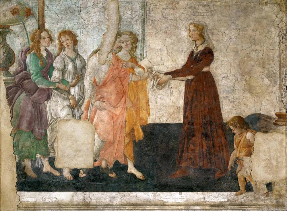 venus and three graces giving offerings to a young lady