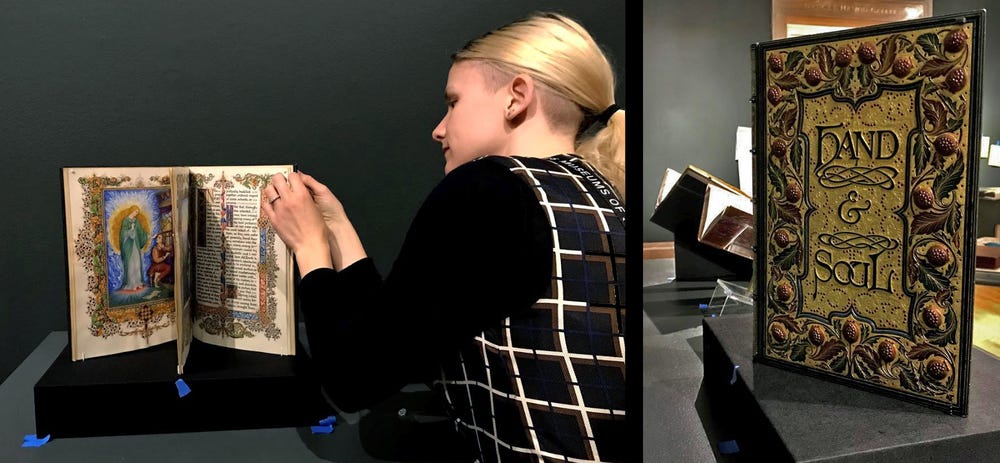 left: woman applying rare earth magnets to a manuscript; right: book cover with jewels and gold leaf