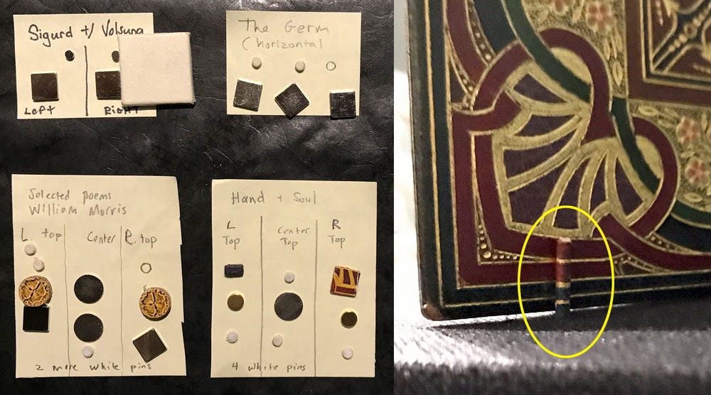 left: rare earth magnets of various sizes wrapped in paper; right: custom painted plastic covered pins inserted into the deck below a book to stand it upright and in place