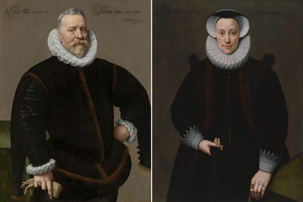 portraits of a man and woman wearing 16th century outfits and looking serious