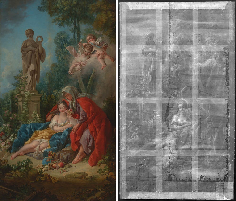 Vertumnus and Pomona painting, along with an X-radiograph at right showing a curved cut at center