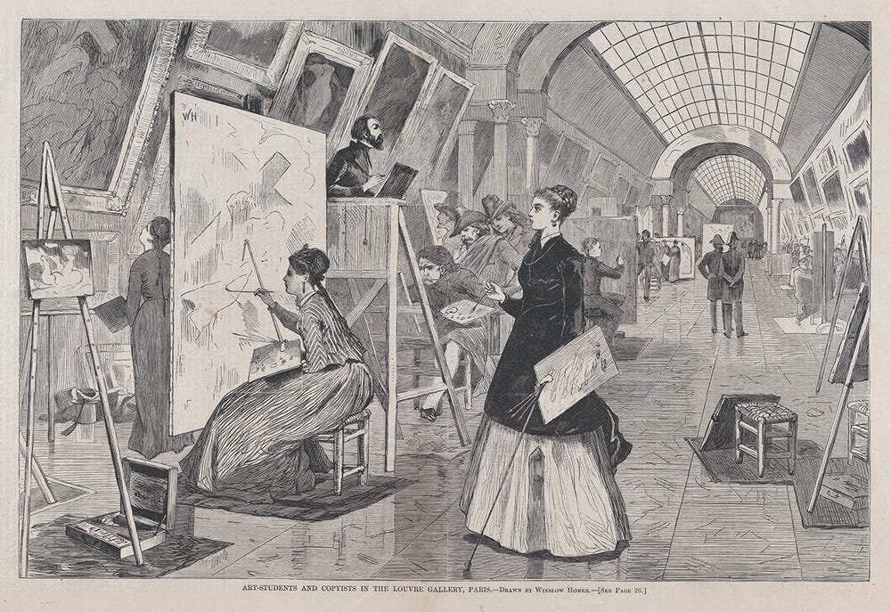 black and white image of women making art in the Louvre