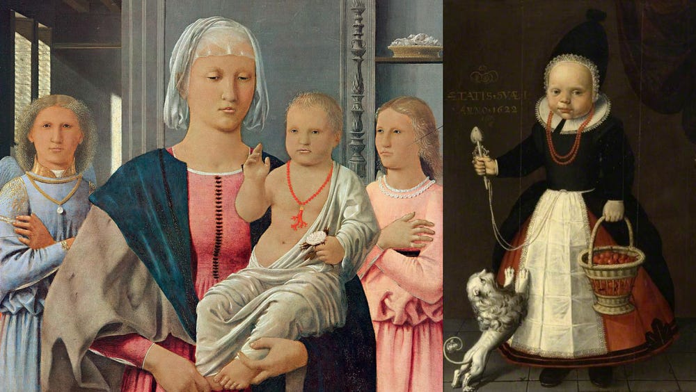 Left: woman holding a baby with two other figures behind her; Right: small child holding a bucket, with a dog jumping up