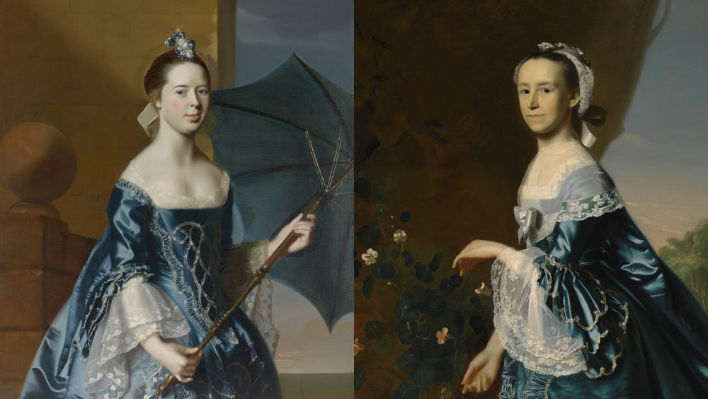 two paintings of women in ornate blue dresses