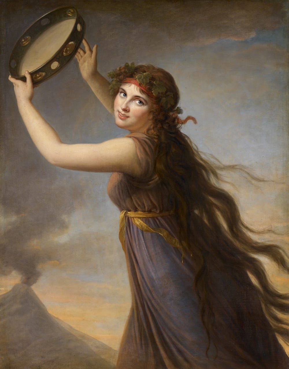 portrait of a woman with brown hair playing a tambourine