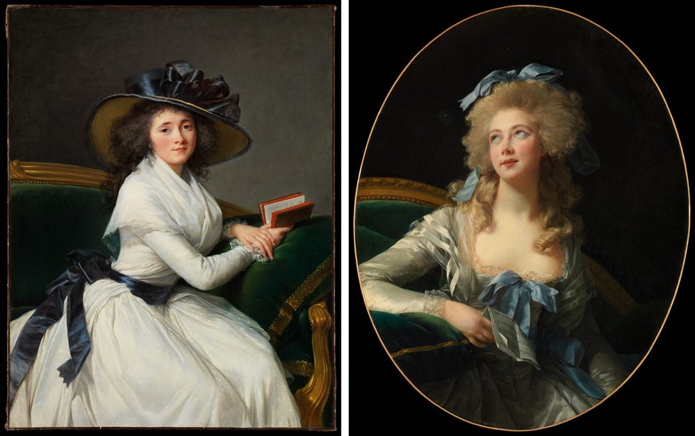 left: portrait of a brunette woman in a white dress and a hat with a bow; right: portrait of a blonde woman in a blue dress