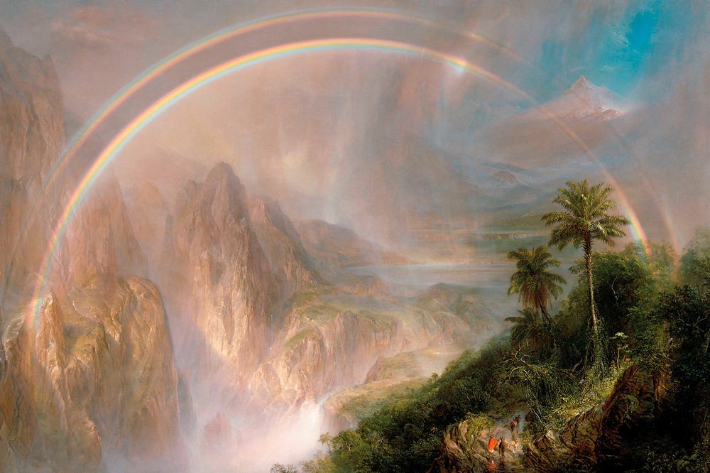 Painting of mountain with rainbow overhead and greenery in foreground