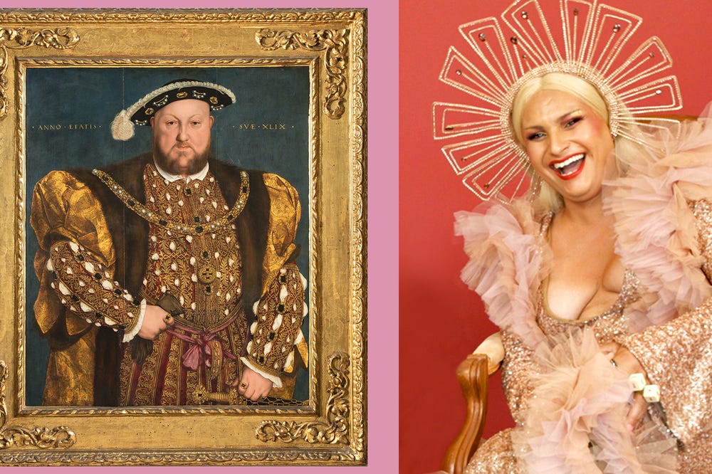 Drag performer Per Sia next to a painting of Henry VIII