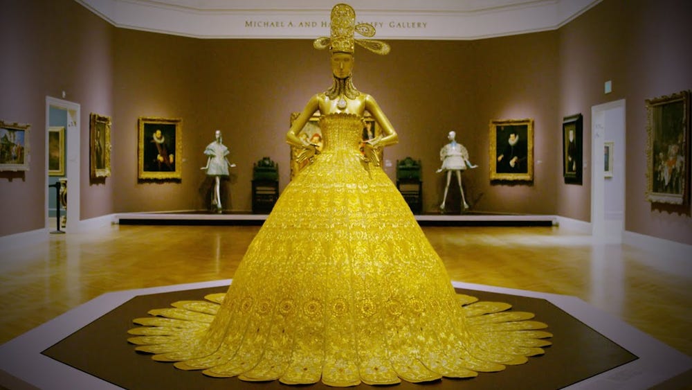 Da Jin gold couture dress in Guo Pei: Couture Fantasy installation at the Legion of Honor