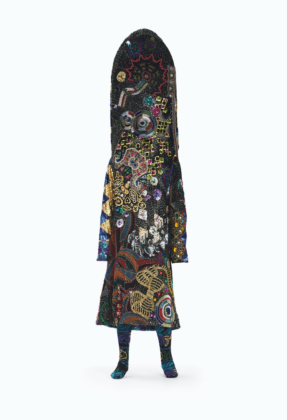 mannequin wearing an embellished full-body garment