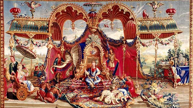 Emperor and attendants amid red and gold decorations.
