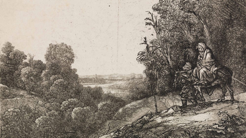 Black and white drawing of a person on a horse in a landscape with trees