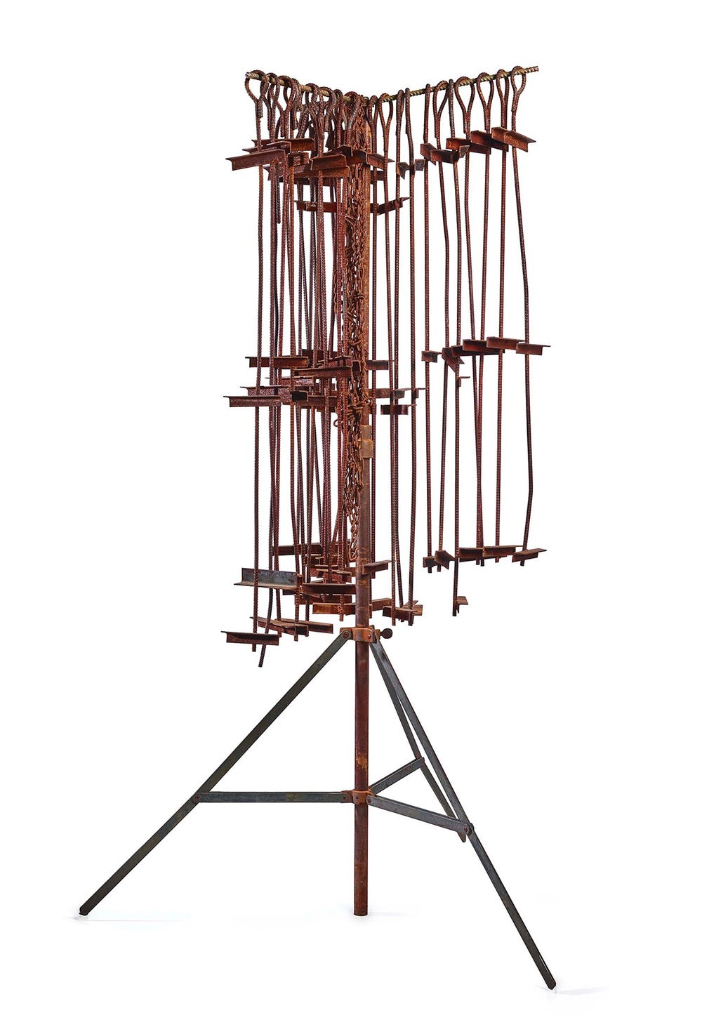 vertical pieces of steel hanging on a coatrack-like structure