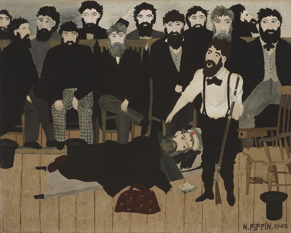 group of men standing over a man on the floor