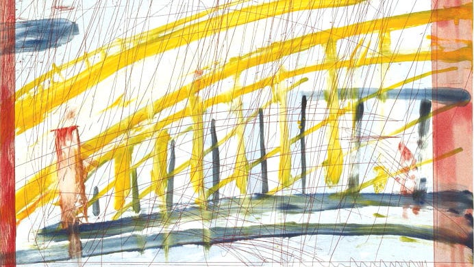 drawing of a yellow bride in the rain by Pat Steir