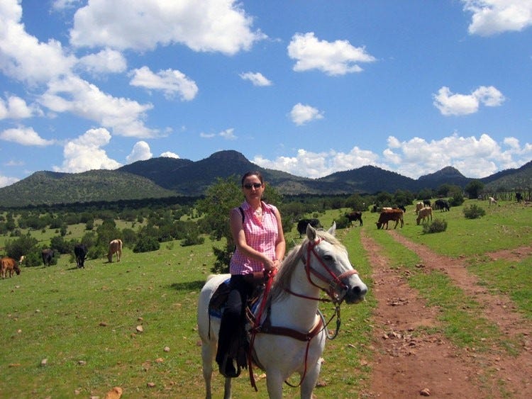 Natasa Morovic riding a horse in a scenic setting