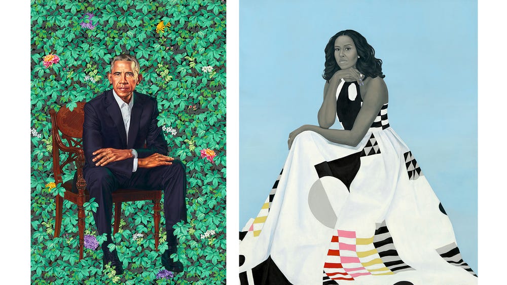 Portrait of President Barack Obama in front of greenery, portrait of First Lady Michelle Obama in front of blue background