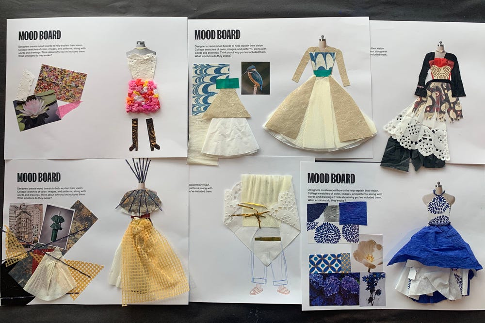 Dazzling designs paper dolls and mood boards made during Family Art Making at the de Young