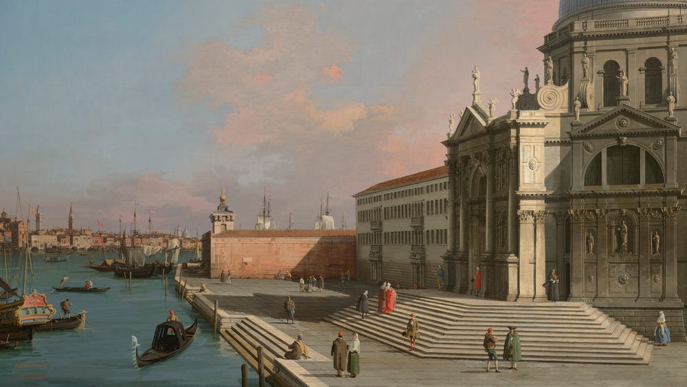 Painting of canal with boats alongside stately church
