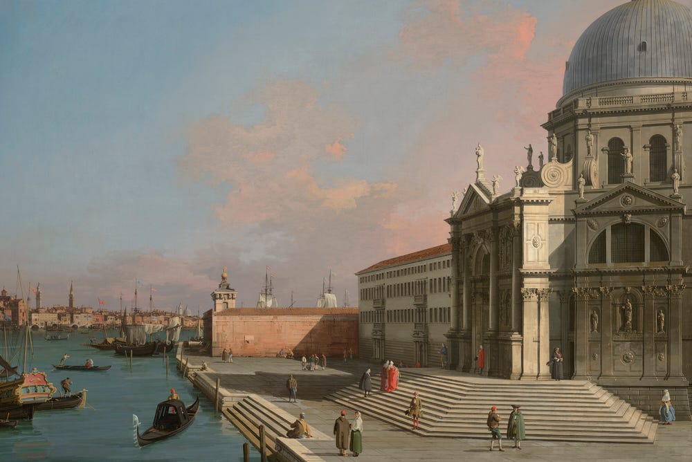 Painting of canal with boats alongside stately church