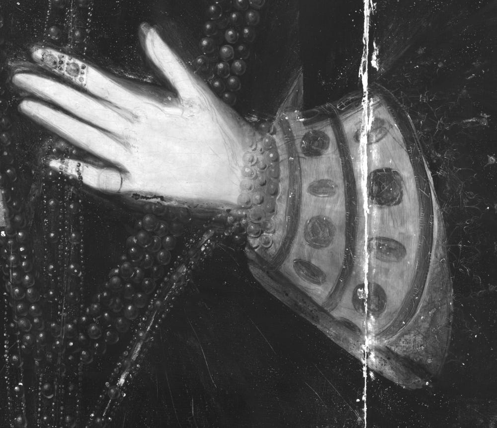 Detail of Frances Walsingham’s hand