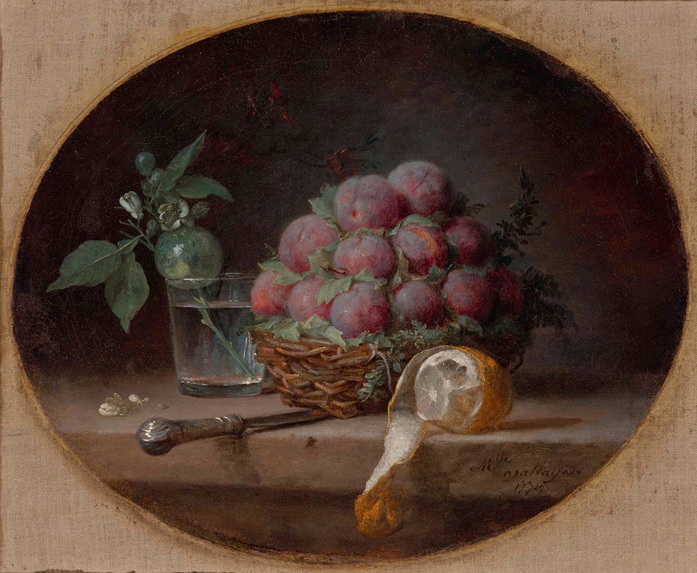painting of plums, peeled lemon, knife, glass with water