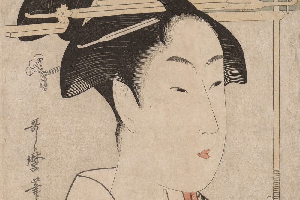 Portrait of a woman in a Japanese woodcut print
