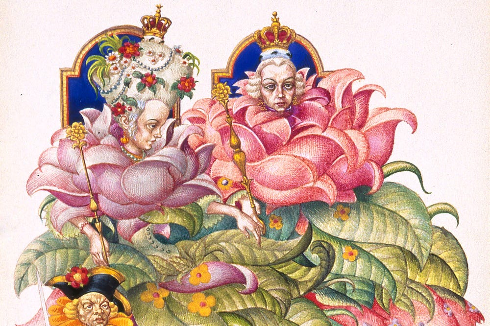 King and queen adorned with flowers.