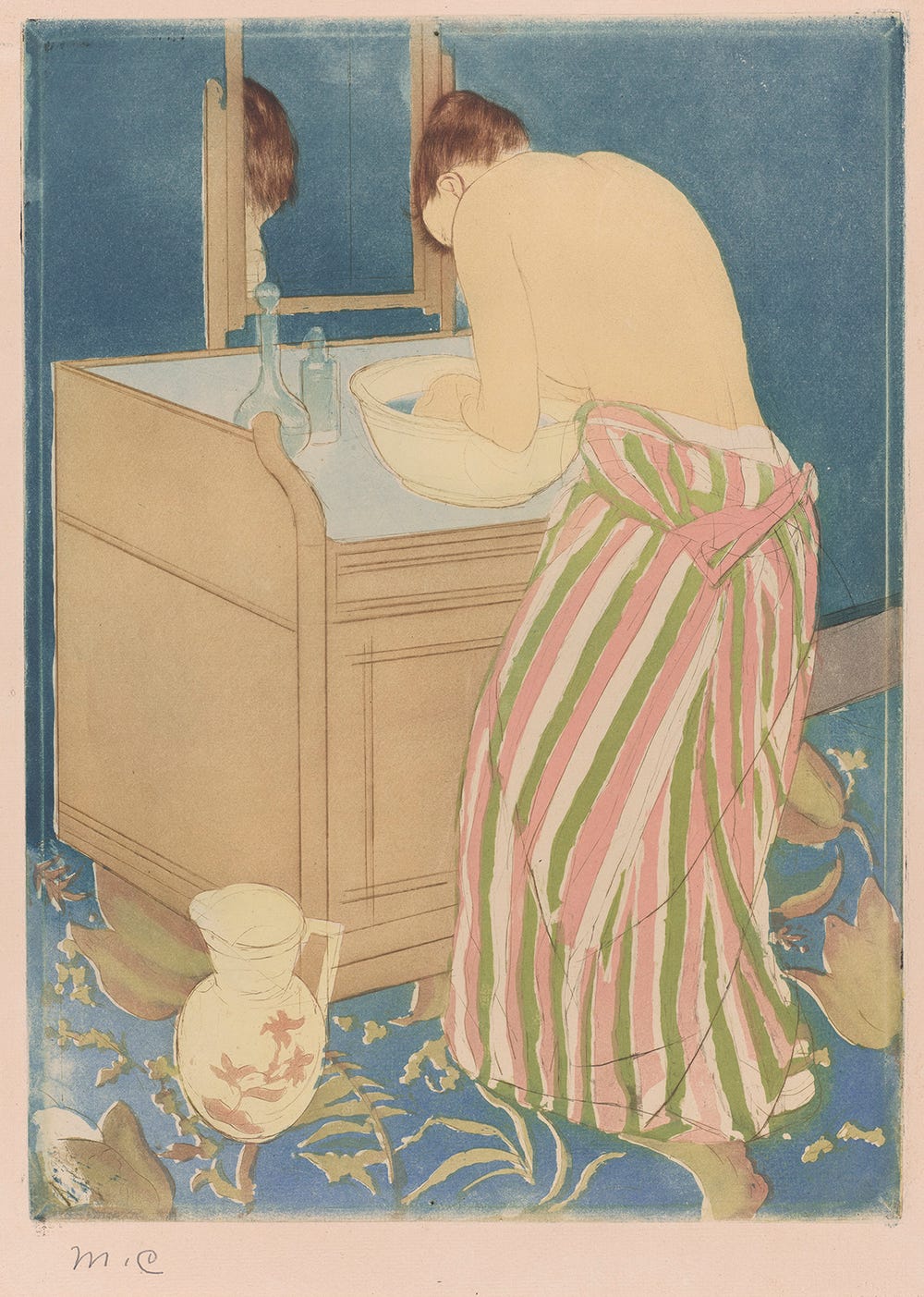 Aquatint of a women bathing by Mary Cassatt
