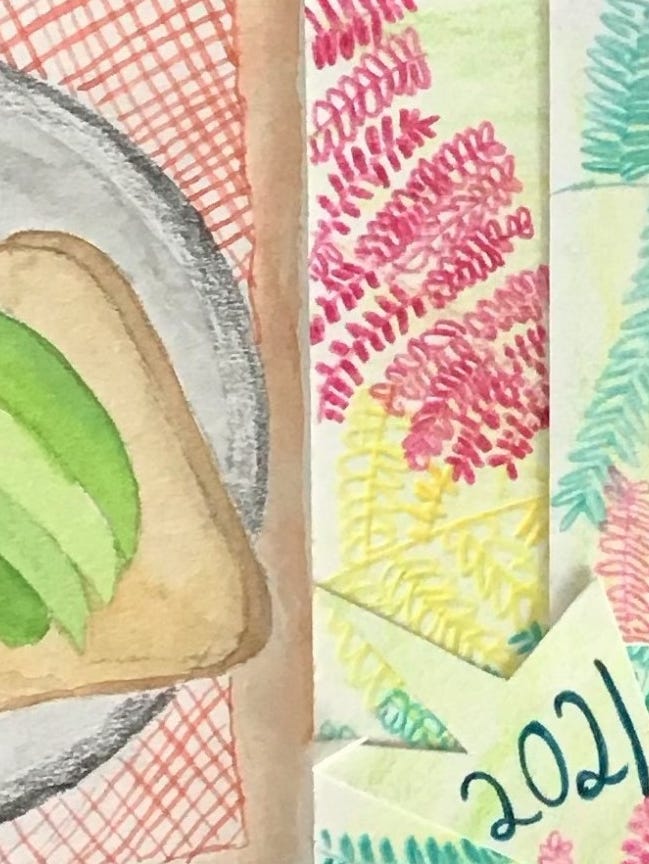 three artworks, including avocado on toast, leaves with a 2021 label, and grass