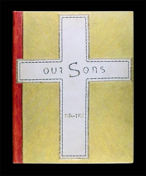 gold book with cross on cover titled Our Sons.