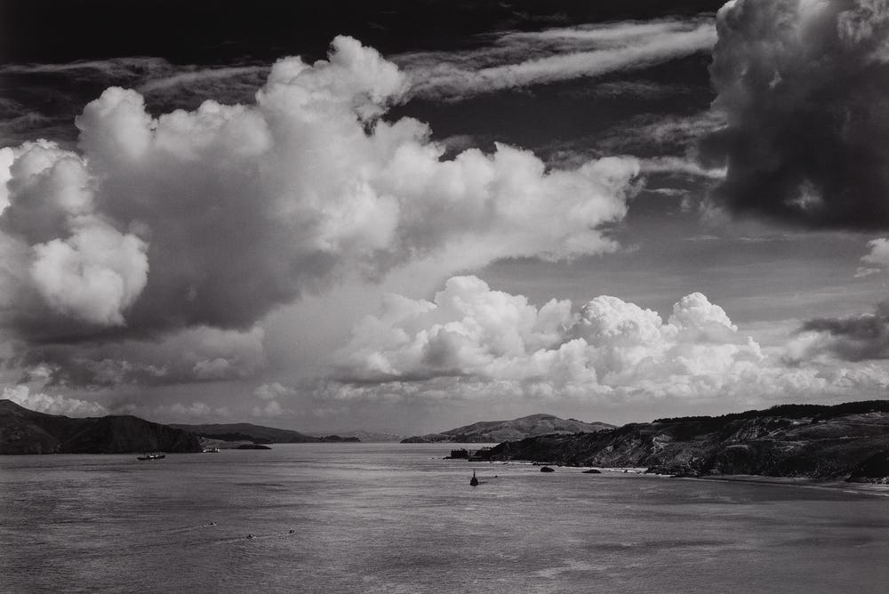 Black and white photo of the Golden Gate before the bridge by Ansel Adams