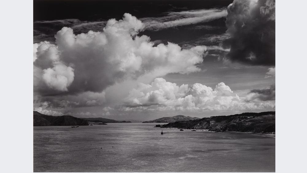 Black and white photo of the Golden Gate before the bridge by Ansel Adams