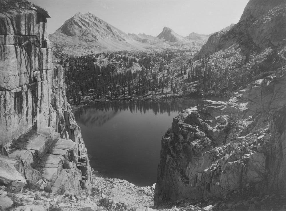 Black and white photograph of Marion Lake by Ansel Adams