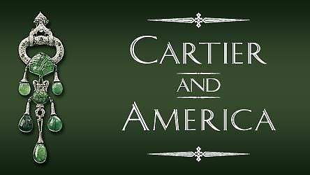 "Cartier and America" written in front of a plain background next to a three-tiered piece of silver and jade jewelry