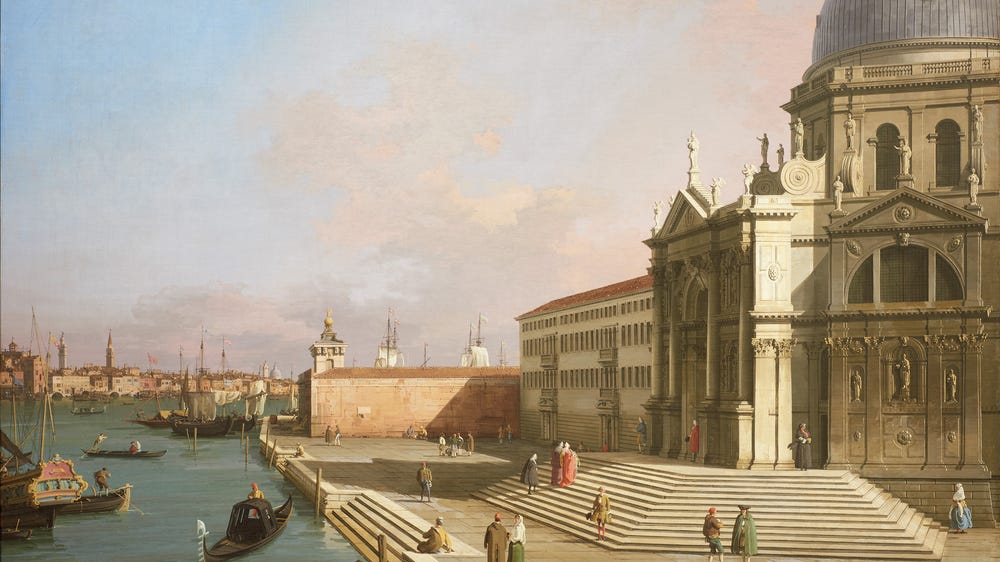 Painting of Venice showing Salute and Punta della Dogana and radiant sky with pink-tinted clouds