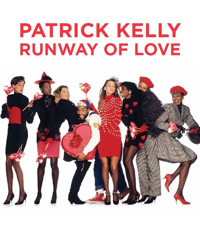 Book jacket featuring people dressed in red, black, and white with "Patrick Kelly Runway of Love" text