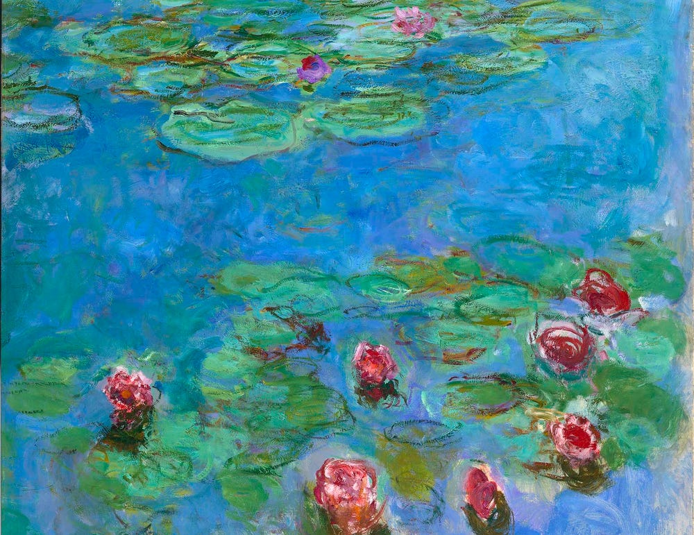 water lilies in blue water painted in an impressionist style